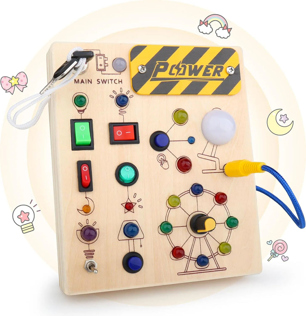Montessori Toys Wooden Busy Board Switch Toys with Button LED Lights Sensory Travel Toys for Toddler Preschool Learning Activity