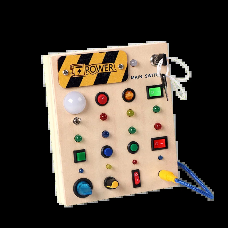 Montessori Toys Wooden Busy Board Switch Toys with Button LED Lights Sensory Travel Toys for Toddler Preschool Learning Activity