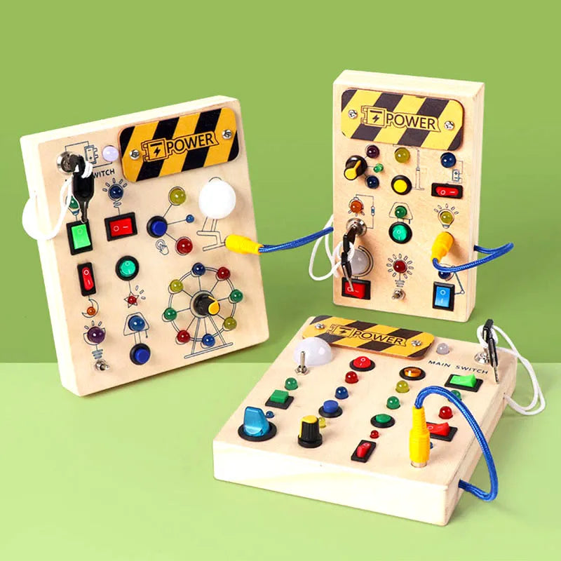 Montessori Toys Wooden Busy Board Switch Toys with Button LED Lights Sensory Travel Toys for Toddler Preschool Learning Activity