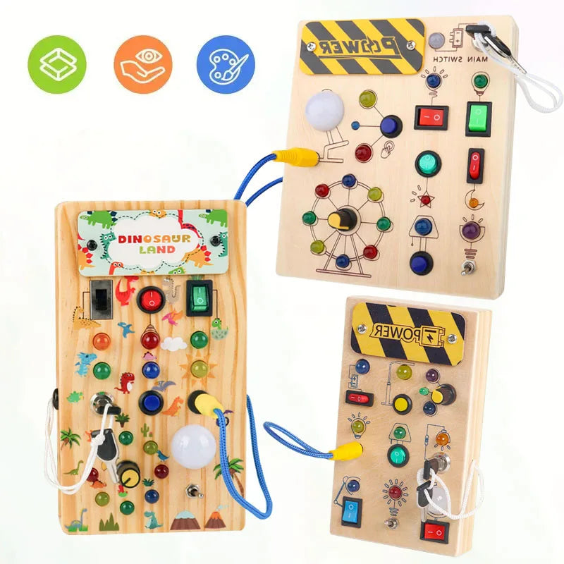 Montessori Toys Wooden Busy Board Switch Toys with Button LED Lights Sensory Travel Toys for Toddler Preschool Learning Activity