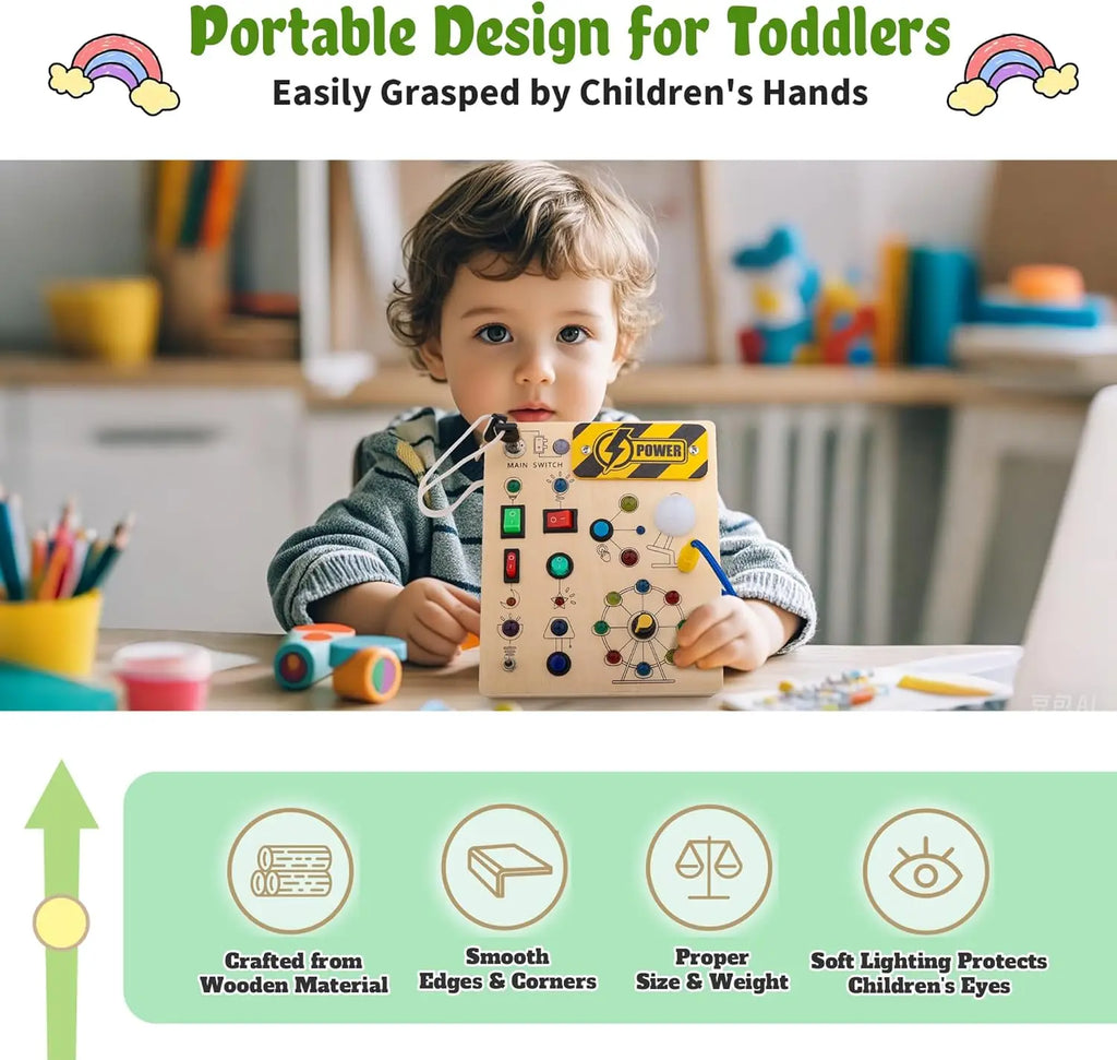Montessori Toys Wooden Busy Board Switch Toys with Button LED Lights Sensory Travel Toys for Toddler Preschool Learning Activity