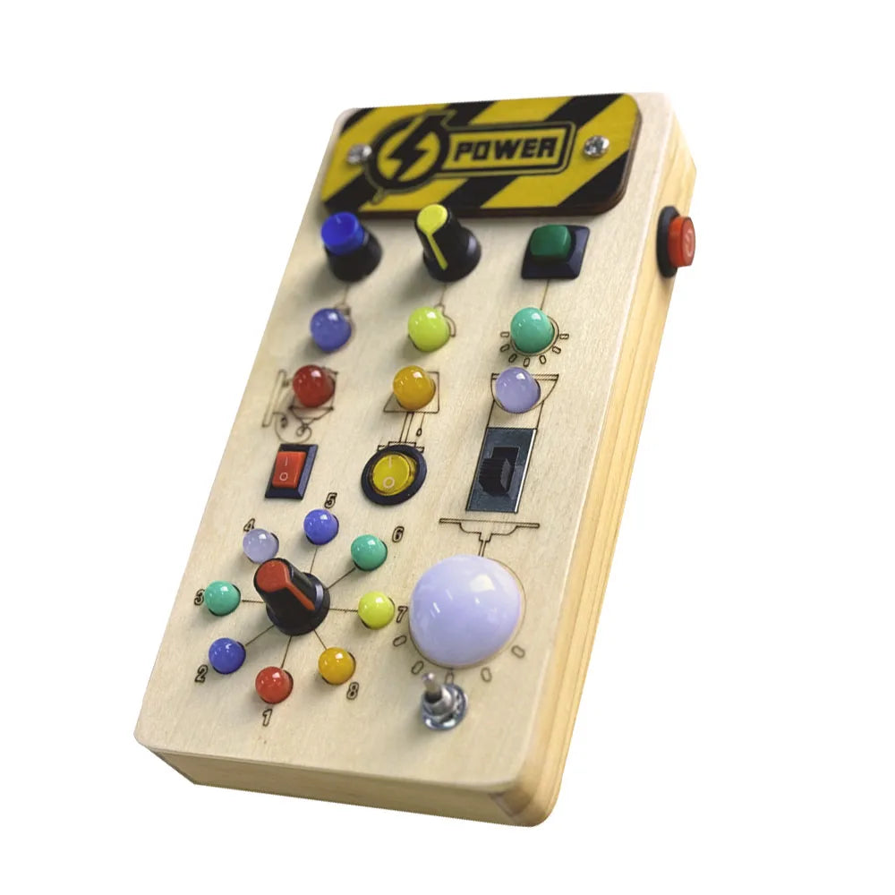 Montessori Toys Wooden Busy Board Switch Toys with Button LED Lights Sensory Travel Toys for Toddler Preschool Learning Activity