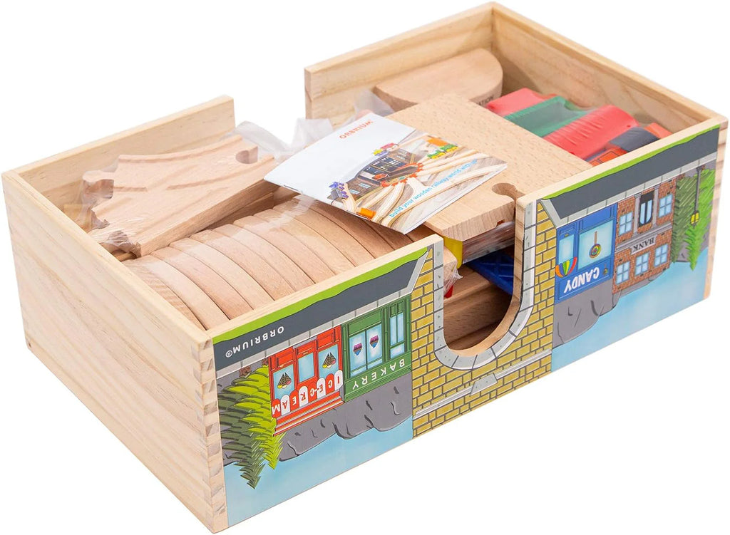 52 Pcs Deluxe Wooden Train Set with Wooden Storage Box Tunnel Compatible with Thomas, Brio, Melissa