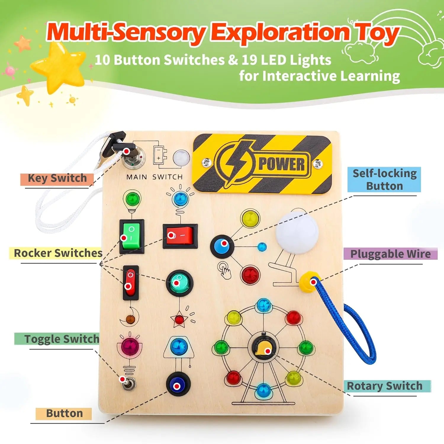 Montessori Toys Wooden Busy Board Switch Toys with Button LED Lights Sensory Travel Toys for Toddler Preschool Learning Activity