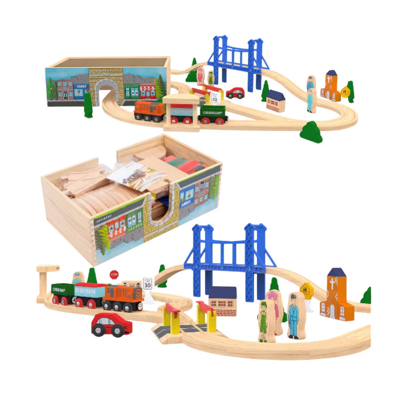 52 Pcs Deluxe Wooden Train Set with Wooden Storage Box Tunnel Compatible with Thomas, Brio, Melissa