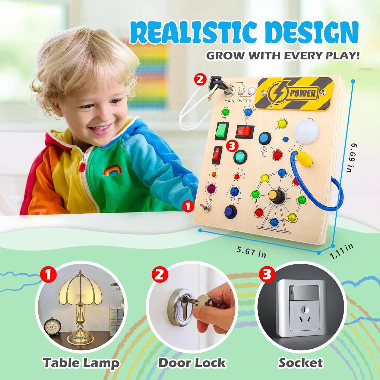 Montessori Toys Wooden Busy Board Switch Toys with Button LED Lights Sensory Travel Toys for Toddler Preschool Learning Activity